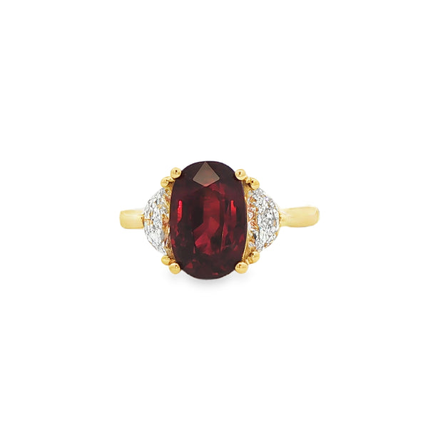 5.02CT Oval Cut Ruby with 0.75CTW Half Moon Diamond Ring set in 18K Yellow Gold