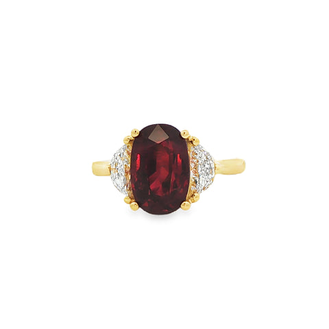 5.02CT Oval Cut Ruby with 0.75CTW Half Moon Diamond Ring set in 18K Yellow Gold