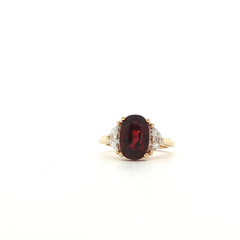 5.02CT Oval Cut Ruby with 0.75CTW Half Moon Diamond Ring set in 18K Yellow Gold