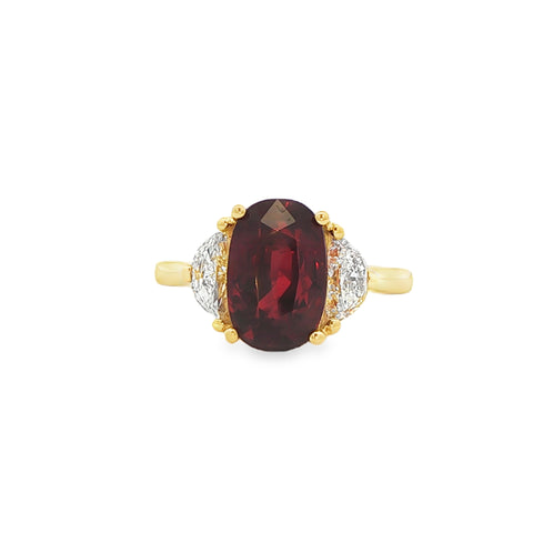 5.02CT Oval Cut Ruby with 0.75CTW Half Moon Diamond Ring set in 18K Yellow Gold