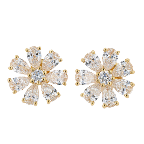 Round & Pear Shaped Diamond Flower Stud Earrings 1.49CTW