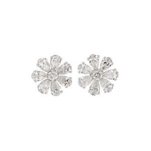 Round & Pear Shaped Diamond Flower Stud Earrings 1.49CTW
