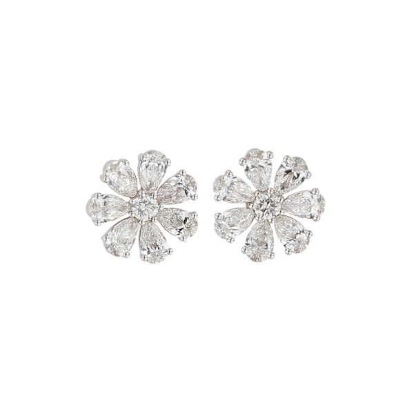 Round & Pear Shaped Diamond Flower Stud Earrings 1.49CTW