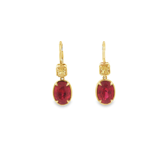 5.09ct Ruby & Yellow Diamond Dangle Earrings