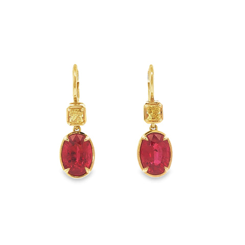 5.09ct Ruby & Yellow Diamond Dangle Earrings
