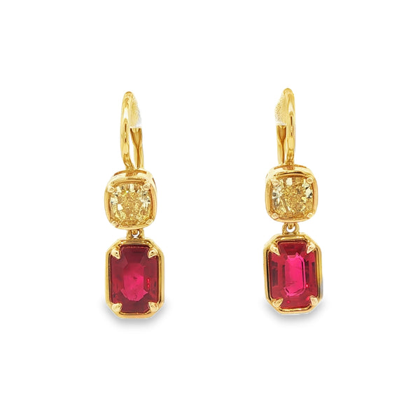 1.90CT Emerald Cut Ruby with 1.03CTW VS Diamond Dangle Earrings set in 18K Yellow Gold