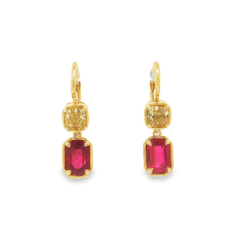 1.90CT Emerald Cut Ruby with 1.03CTW VS Diamond Dangle Earrings set in 18K Yellow Gold