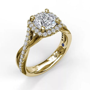 FANA Cushion Halo With Diamond And Gold Twist Engagement Ring