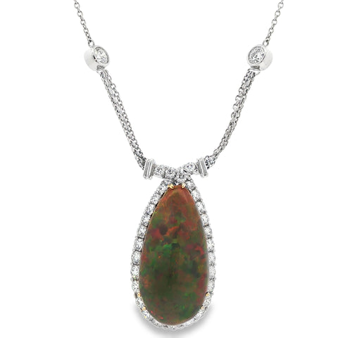 20.87CTW Cabochon Ethiopian Opal with Diamond Halo Pendant and Chain set in Platinum