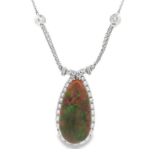 20.87CTW Cabochon Ethiopian Opal with Diamond Halo Pendant and Chain set in Platinum