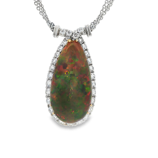 20.87CTW Cabochon Ethiopian Opal with Diamond Halo Pendant and Chain set in Platinum