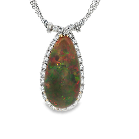 20.87CTW Cabochon Ethiopian Opal with Diamond Halo Pendant and Chain set in Platinum