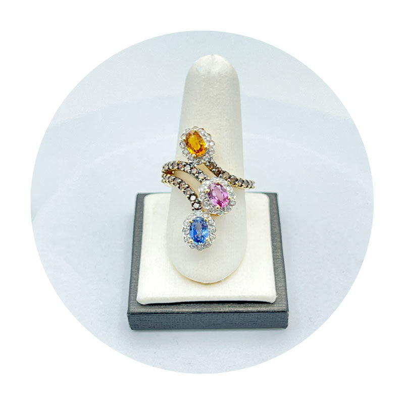 Estate 18K Yellow Gold Diamond & Multi Sapphire ByPass Ring (0.58CTW)
