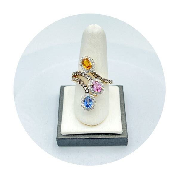 Estate 18K Yellow Gold Diamond & Multi Sapphire ByPass Ring (0.58CTW)