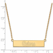 Load image into Gallery viewer, Sterling Silver Gold-plated LogoArt University of Florida Gators Script Small Bar 18 inch Necklace