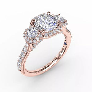 FANA Three-Stone Round Diamond Halo Engagement Ring