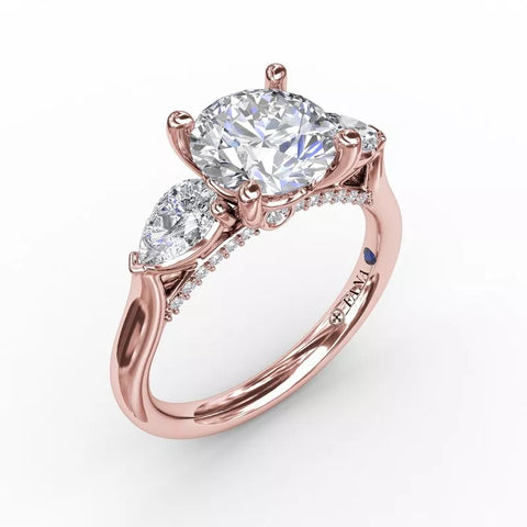 FANA Classic Three-Stone Engagement Ring With Pear-Shape Side Diamonds Rose