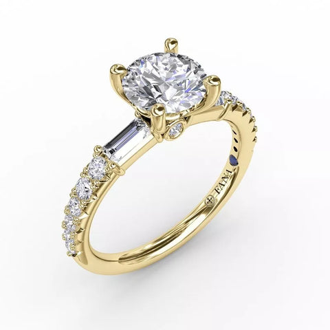 FANA Contemporary Diamond Solitaire Engagement Ring With Baguettes Gold