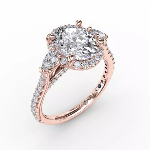 FANA Oval Diamond Halo Engagement Ring With Pear-Shape Diamond Side Stones Rose