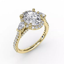 Load image into Gallery viewer, FANA Oval Diamond Halo Engagement Ring With Pear-Shape Diamond Side Stones Gold