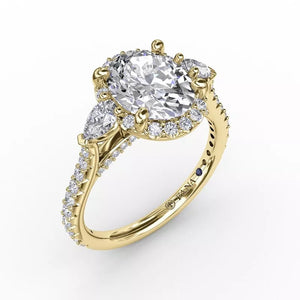 FANA Oval Diamond Halo Engagement Ring With Pear-Shape Diamond Side Stones Gold