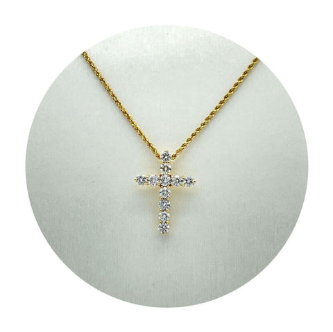 Estate 18K Yellow Gold 1.45CTW Diamond Cross Pendant on Rope Chain