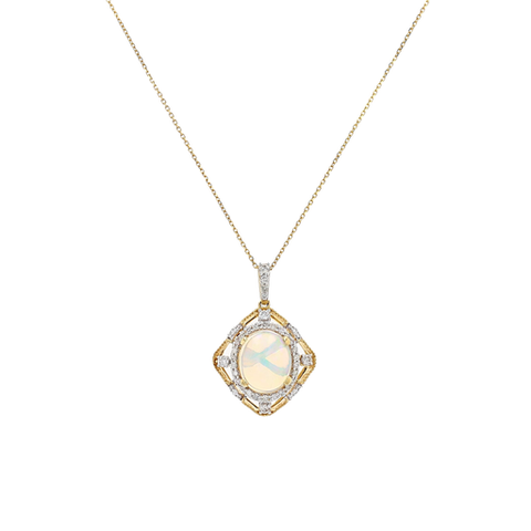 14K Yellow Gold Opal & Diamond Milgrain Pendant Necklace 3.39TGW