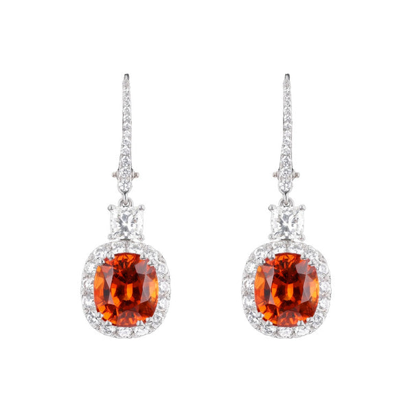 Cushion Cut Spessartine Garnet and Diamond Earrings