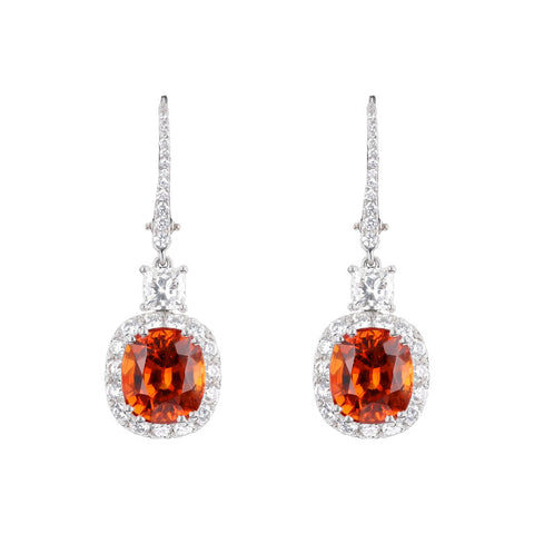 Cushion Cut Spessartine Garnet and Diamond Earrings