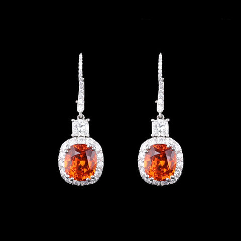Cushion Cut Spessartine Garnet and Diamond Earrings