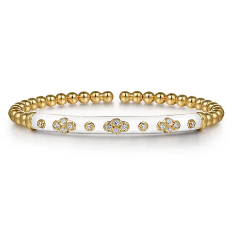 Gabriel & Co. Enamel - 14K Yellow Gold Bujukan Beads and Diamond Split Bangle Bracelet with White Enamel