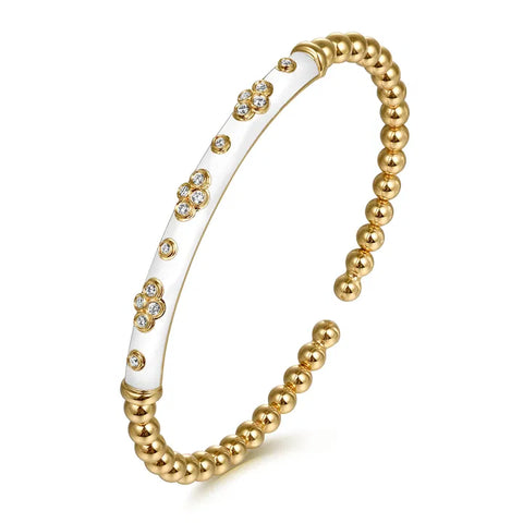 Gabriel & Co. Enamel - 14K Yellow Gold Bujukan Beads and Diamond Split Bangle Bracelet with White Enamel
