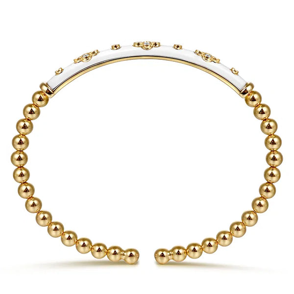Gabriel & Co. Enamel - 14K Yellow Gold Bujukan Beads and Diamond Split Bangle Bracelet with White Enamel