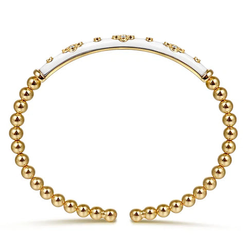 Gabriel & Co. Enamel - 14K Yellow Gold Bujukan Beads and Diamond Split Bangle Bracelet with White Enamel