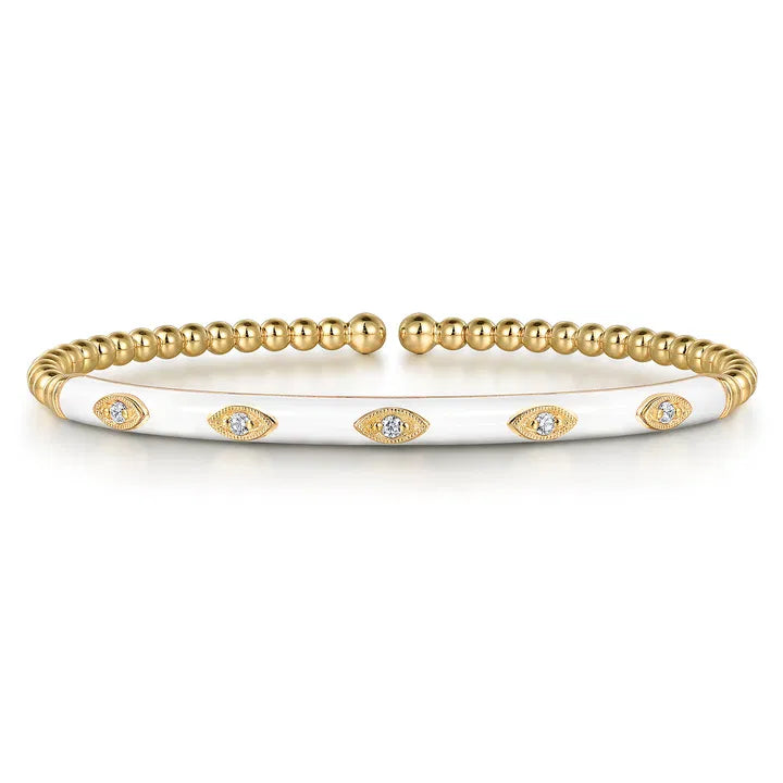 Gabriel & Co. 14K Yellow Gold Bujukan Beads and Diamond Split Bangle with White Enamel