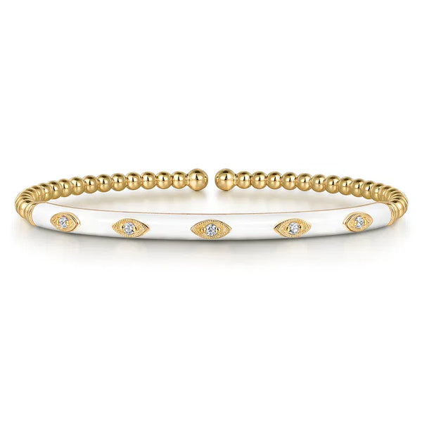 Gabriel & Co. 14K Yellow Gold Bujukan Beads and Diamond Split Bangle with White Enamel