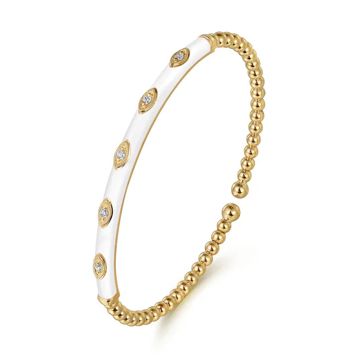 Gabriel & Co. 14K Yellow Gold Bujukan Beads and Diamond Split Bangle with White Enamel