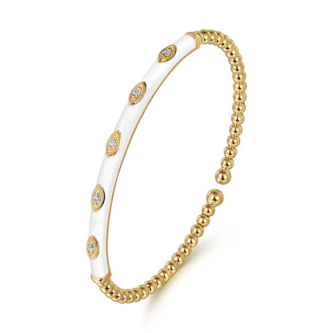 Gabriel & Co. 14K Yellow Gold Bujukan Beads and Diamond Split Bangle with White Enamel