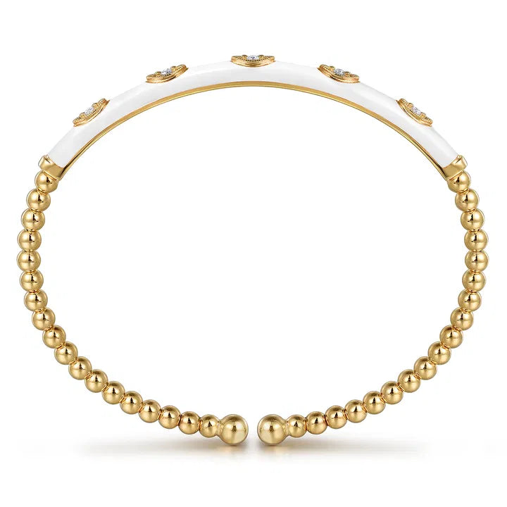 Gabriel & Co. 14K Yellow Gold Bujukan Beads and Diamond Split Bangle with White Enamel