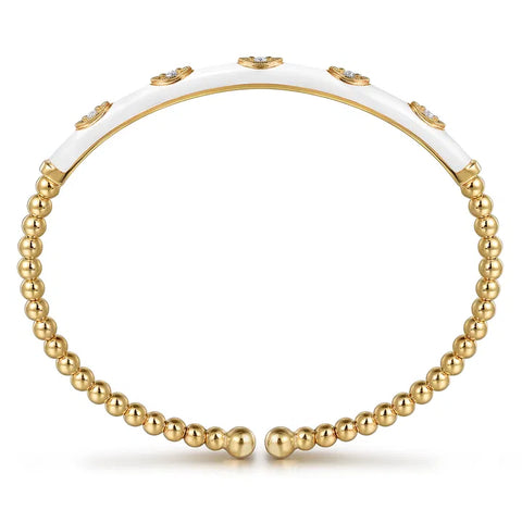Gabriel & Co. 14K Yellow Gold Bujukan Beads and Diamond Split Bangle with White Enamel