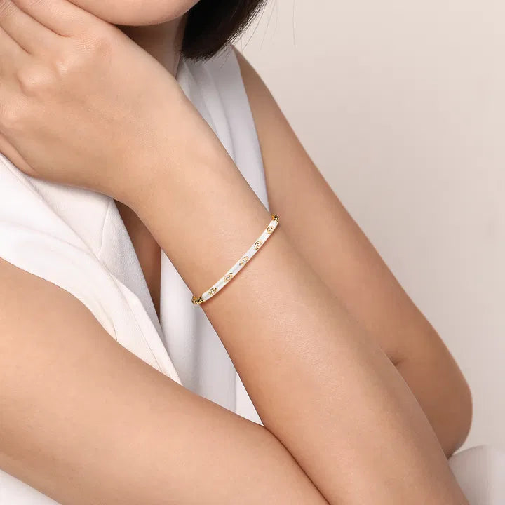 Gabriel & Co. 14K Yellow Gold Bujukan Beads and Diamond Split Bangle with White Enamel