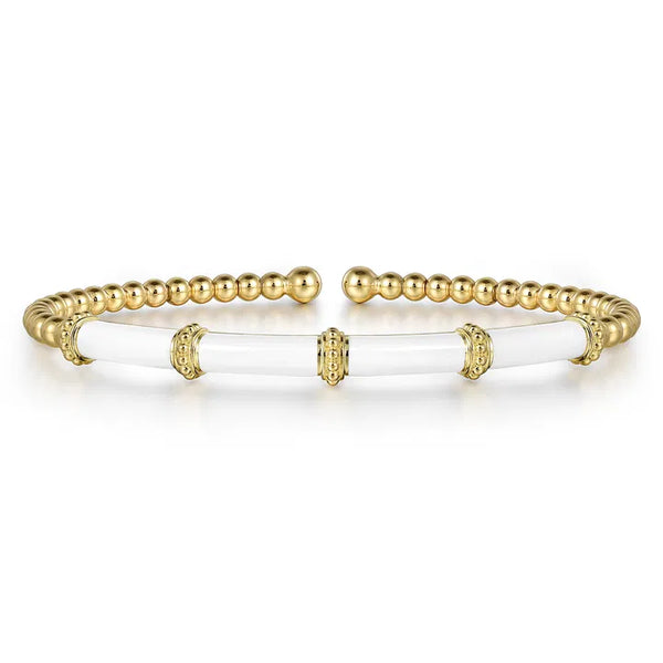 Gabriel & Co. Enamel - 14K Yellow Gold Bujukan and Bar Split Bangle with White Enamel