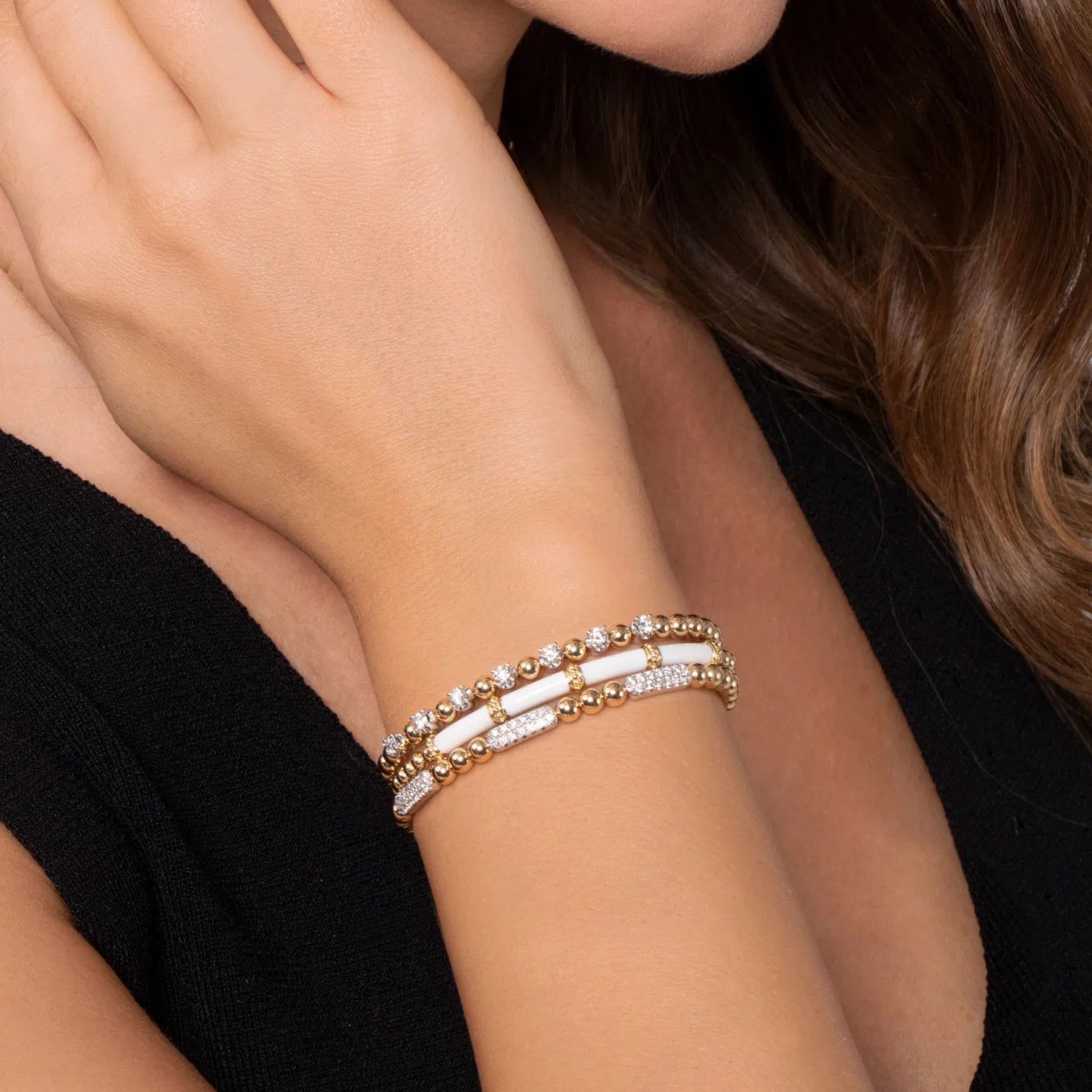 Gabriel & Co. Enamel - 14K Yellow Gold Bujukan and Bar Split Bangle with White Enamel