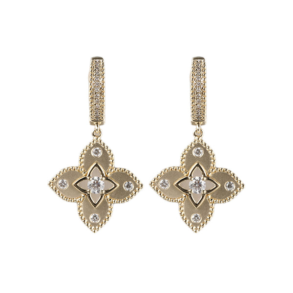 14K Yellow Gold Quatrefoil Diamond Huggie Hoop Dangle Earring (0.33CTW)