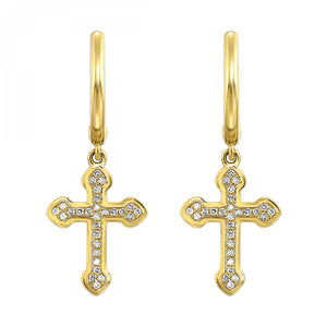 14K Yellow Gold Cross Diamond Huggie Hoop Dangle Earring (0.20CTW)