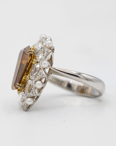 18K White Gold 4.23 CTW Coffin Cut Amber Topaz Ring with Diamonds