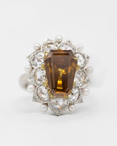 18K White Gold 4.23 CTW Coffin Cut Amber Topaz Ring with Diamonds