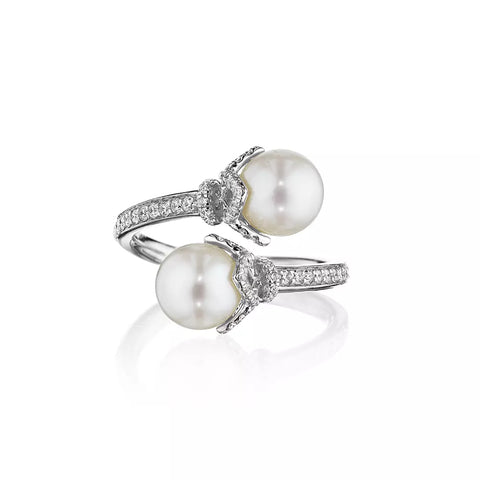 Verragio Reverie Petal Toi Et Moi Diamond & Pearl Cap By-Pass Ring 18K White Gold (0.40CTW)