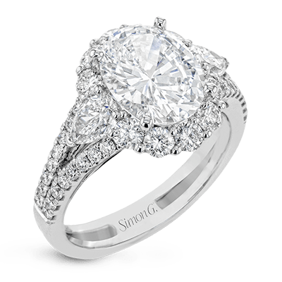 Simon G. Oval Cut Three Stone Halo Engagement Ring Setting (1.63CTW)