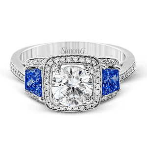 Simon G. Round Cut Three Stone Halo Engagement Ring with 0.23CTW Diamonds & 0.62CTW Sapphires